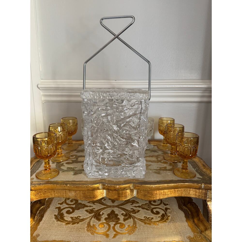 Vintage MCM Lucite Ice Bucket Ice Block Textured Acrylic Chrome Handle Barware